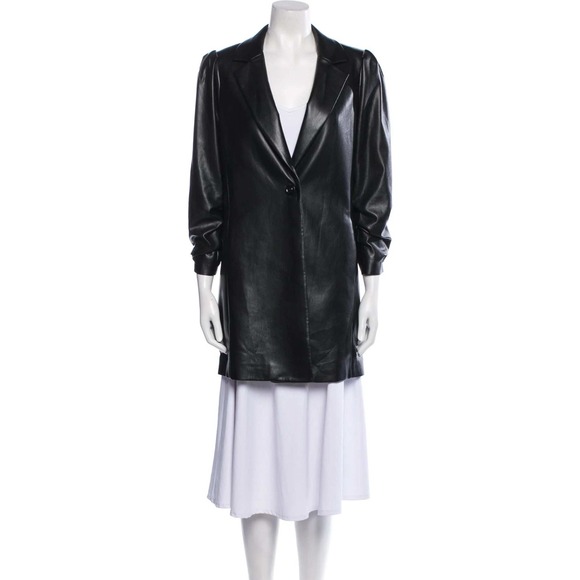 Alice + Olivia Classic Black Faux Leather Wenona Ruched Sleeve Blazer Coat Small